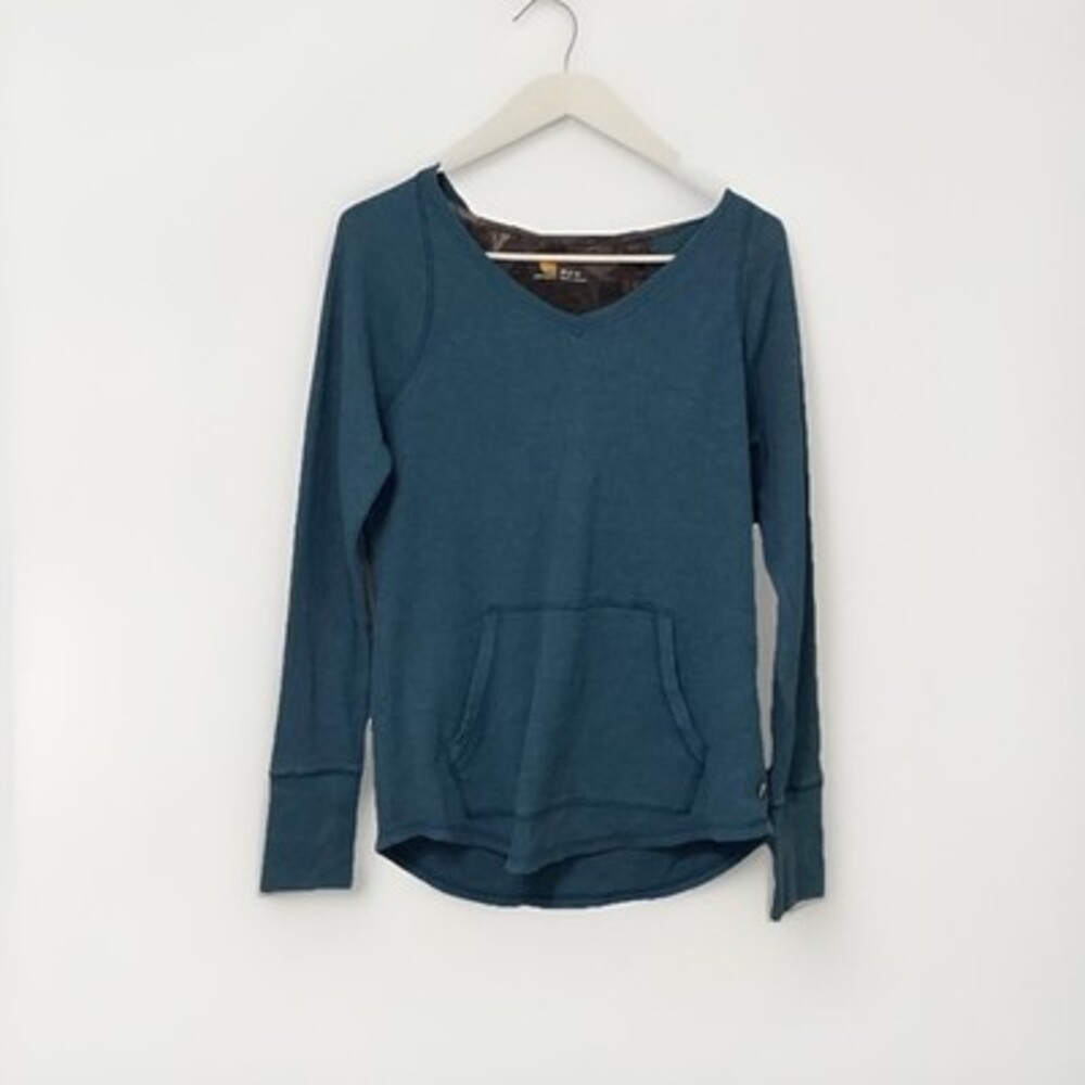 Carhartt Women’s Waffle Knit Hoodie Teal Blue Relaxed Fit V-Neck Pullover size M